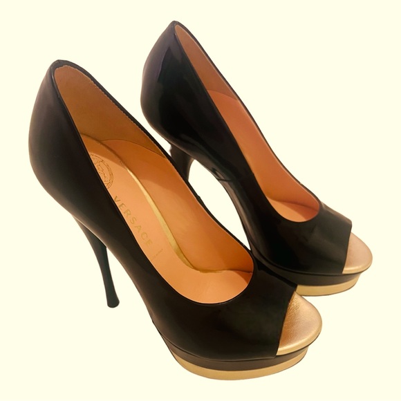 Black Versace Stilettos/High Heals with Gold Toe Trim - Picture 2 of 12